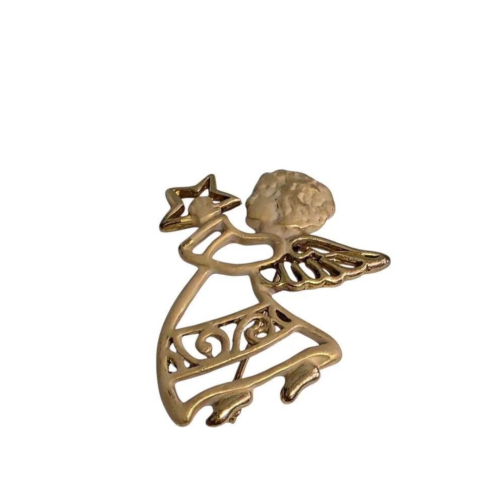 Vintage Gold Tone Angel Holding‎ Star Brooch Pin Celestial Cherub Jewelry